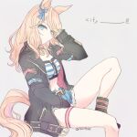  1girl animal_ears bikini bikini_top_only black_choker black_jacket blonde_hair blue_bikini blue_eyes blue_ribbon breasts choker commentary_request denim denim_shorts gold_city_(authentic/1928)_(umamusume) gold_city_(umamusume) gold_necklace hair_ribbon hand_in_own_hair horse_ears horse_girl horse_tail inutose jacket jewelry long_hair necklace open_clothes open_jacket ribbon short_shorts shorts solo striped_bikini striped_clothes swimsuit tail umamusume 