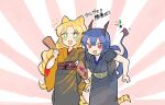  2girls :d animal_ears arknights bangs black_kimono blonde_hair blue_hair brown_kimono ch&#039;en_(arknights) eyebrows_visible_through_hair green_eyes hagoita hair_between_eyes hane_(hanetsuki) holding horns japanese_clothes kimono long_hair mishima_coco multiple_girls obi paddle parted_bangs red_eyes ringlets sash short_sleeves smile sunburst sunburst_background swire_(arknights) tail tasuki tiger_ears tiger_girl tiger_tail translation_request v-shaped_eyebrows very_long_hair wide_sleeves 