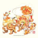  >_< +_+ @_@ alcohol apron arrow_(projectile) barrel beer beer_mug bow bow_(weapon) breath_weapon breathing_fire brick_oven chibi chibi_only chili_pepper chopping commentary_request cooking cup drinking eating fire food fox gloves holding holding_bow_(weapon) holding_weapon jalapeno_pepper korean_commentary meat mug no_humans onion open_mouth original oven oversized_food oversized_object quiver rice sheath sheathed shield sign simple_background spicy spoon sweat sword talbi weapon white_background wok 