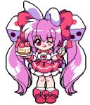  1girl animal_ears bare_shoulders blush_stickers bow breasts cake chinese_commentary choker cleavage commentary_request detached_sleeves di_gi_charat dice dice_hair_ornament dress food hair_bow hair_ornament holding holding_plate holding_spoon large_breasts long_hair looking_at_viewer melis123 one_eye_closed pink_hair pixel_art plate puffy_detached_sleeves puffy_sleeves rabbit_ears red_eyes ribbon simple_background smile solo spoon tongue tongue_out twintails usada_hikaru white_background 