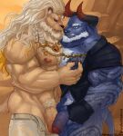 abs absurd_res anthro balls beard bottomless bottomwear bovid bovine cattle chest_tattoo clothed clothing collar dislyte djoser_(dislyte) duo facial_hair felid fur genitals gloves hair handwear hi_res horn humanoid javid_(dislyte) lilith_games lion looking_at_another male male/male mammal muscular muscular_anthro muscular_male nipple_fetish nipple_play nipples nude open_bottomwear open_clothing open_pants pantherine pants pecs penis shirt shirt_only tail tattoo teeth topwear topwear_only vein veiny_muscles veiny_penis white_beard white_facial_hair wulfer-shepherd