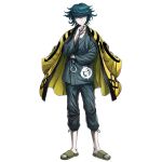  1boy aqua_eyes aqua_hair full_body glasses haori jacket jacket_on_shoulders japanese_clothes jewelry jinbei_(clothes) looking_at_viewer male_focus necklace official_art sandals short_hair slides smile solo transparent_background tribe_nine ueno_yajirobe yellow_haori 