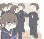  1girl 5boys book brown_hair gakuran grey_serafuku highres holding holding_book low_twintails multiple_boys neckerchief original red_neckerchief ringed_eyes school_uniform serafuku shoes short_hair short_twintails sneakers standing twintails yabisara 