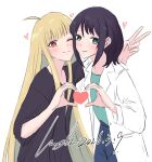  2girls absurdres ahoge black_hair black_shirt blonde_hair blue_shirt blush brown_eyes cheek-to-cheek chinese_commentary cho_kaguya-hime! closed_mouth commentary_request green_eyes heads_together heart heart_hands heart_in_heart_hands highres kaguya_(cho_kaguya-hime!) lab_coat lean13179592 long_hair looking_at_viewer mole mole_under_eye multiple_girls one_eye_closed sakayori_iroha shirt simple_background v white_background 
