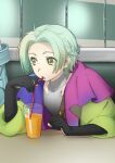  1other :o absurdres arm_rest black_sleeves braid clothing_cutout contrast_collar contrast_lapels cup dorsiflexion_(wrist) drinking_straw elbow_rest gnosia gradient_clothes gradient_shirt green_eyes green_hair green_jacket half_up_braid highres holding holding_drinking_straw indoors jacket juice lapels leaning_forward looking_to_the_side open_clothes open_jacket open_mouth orange_juice other_focus palmar_flexion parted_bangs partially_fingerless_sleeves pov_across_table puffy_sleeves sabiiiii shirt short_hair shoulder_strap sitting solo_focus table turtleneck turtleneck_shirt two-sided_fabric two-sided_jacket upper_body yuri_(gnosia) 