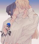  1boy 1girl ^_^ arms_around_waist blonde_hair blue_hair blunt_ends blush closed_eyes closed_mouth collared_shirt colored_eyelashes commentary_request couple eclipseb eyes_visible_through_hair flower gradient_background grin gundam gundam_wing hand_up hetero highres holding holding_flower long_hair long_sleeves lucrezia_noin open_collar partially_unbuttoned shirt short_hair smile u_u upper_body very_long_hair white_shirt wing_collar zechs_merquise 