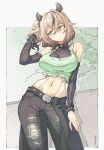  1girl alternate_costume animal_ears black_collar black_pants bracelet breasts brown_hair collar cowboy_shot crop_top denim detached_sleeves english_commentary green_eyes green_tank_top hair_between_eyes head_tilt highres igalimax indie_virtual_youtuber jeans jewelry large_breasts looking_to_the_side medium_hair midriff_peek navel nimi_nightmare pants signature solo studded_bracelet tank_top tapir_ears tapir_girl torn_clothes torn_jeans torn_pants virtual_youtuber 