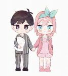  1boy 1girl :< alternate_costume alternate_hairstyle antenna_hair aubrey_(faraway)_(omori) aubrey_(omori) black_eyes black_hair black_pajamas black_pants black_slippers blue_eyes blue_hairband blush braid bright_pupils cardigan chibi chibi_only closed_mouth collared_pajamas commentary_request double-parted_bangs hairband haruyama_sub highres holding_hands looking_at_viewer low_twin_braids omori open_cardigan open_clothes pajamas pants pink_cardigan pink_hair pink_slippers pink_socks simple_background slippers socks striped_clothes striped_pajamas striped_pants twin_braids vertical-striped_clothes vertical-striped_pajamas vertical-striped_pants white_background white_pants white_pupils 