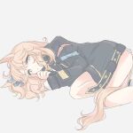  1girl animal_ears bikini bikini_top_only black_choker black_jacket blonde_hair blue_bikini blue_eyes blue_ribbon breasts choker commentary_request gold_city_(authentic/1928)_(umamusume) gold_city_(umamusume) gold_necklace hair_ribbon horse_ears horse_girl horse_tail inutose jacket jewelry long_hair lying necklace on_side open_clothes open_jacket ribbon solo striped_bikini striped_clothes swimsuit tail umamusume 