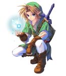  1boy 1girl artist_name blonde_hair blue_eyes boots brown_boots brown_gloves closed_mouth commentary fairy fingerless_gloves full_body gloves green_hat green_tunic hat highres leggings link long_sleeves male_focus navi phrygian_cap pointy_ears roozaku sheath sheathed shield shield_on_back shirt shoulder_belt simple_background spiked_hair squatting sword sword_on_back the_legend_of_zelda the_legend_of_zelda:_ocarina_of_time tunic weapon weapon_on_back white_background white_leggings white_shirt 