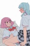  2girls after_paizuri amaori_renako aqua_hair ashigaya_high_school_uniform blush bow bowtie breasts cleavage closed_eyes cum cum_on_body cum_on_breasts facial futa_with_female futanari girl_on_top hair_ornament highres implied_futanari implied_paizuri koyanagi_kaho ladraodarte lying multiple_girls on_bed open_mouth pillow pink_hair purple_eyes school_uniform shirt smile watashi_ga_koibito_ni_nareru_wake_naijan_murimuri! white_shirt x_hair_ornament 