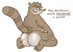  abstract_background anthro bedroom_eyes butt cartoon_network eyebrows feet hunnipanda inviting kneeling looking_at_viewer looking_back male mammal narrowed_eyes presenting procyonid raccoon raised_eyebrow rear_view regular_show rigby_(regular_show) seductive slightly_chubby smile solo solo_focus 