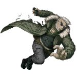  1boy beard black_boots boots clenched_teeth coat explosive facial_hair full_body fur-trimmed_coat fur_trim green_coat grenade grey_pants holding holding_grenade looking_at_viewer male_focus official_art pants saigo_roku short_hair solo sunglasses teeth transparent_background tribe_nine white_hair 