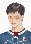  1boy black_hair blue_shirt brown_eyes bruise bruised_eye chinese_commentary closed_mouth commentary_request gauze gauze_on_neck heated_rivalry highres hockey_sweater injury looking_at_viewer male_focus medium_sideburns orihara0820 portrait shane_hollander shirt short_hair sideburns solo 