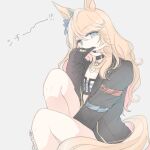  1girl animal_ears between_legs bikini bikini_top_only black_choker black_jacket blonde_hair blue_bikini blue_eyes blue_ribbon breasts choker commentary_request gold_city_(authentic/1928)_(umamusume) gold_city_(umamusume) gold_necklace hair_ribbon hand_between_legs horse_ears horse_girl horse_tail inutose jacket jewelry long_hair necklace open_clothes open_jacket ribbon sleeves_past_wrists solo striped_bikini striped_clothes swimsuit tail umamusume v 