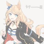  1girl animal_ears bikini bikini_top_only black_choker black_jacket blonde_hair blue_bikini blue_eyes blue_nails blue_ribbon blush breasts choker commentary_request gold_city_(authentic/1928)_(umamusume) gold_city_(umamusume) gold_necklace hair_ribbon horse_ears horse_girl horse_tail inutose jacket jewelry long_hair navel necklace open_clothes open_jacket open_mouth red_nails ribbon solo stomach striped_bikini striped_clothes swimsuit tail umamusume 
