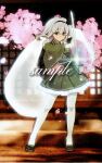  1girl alternate_costume black_hairband brown_shoes chinese_commentary commentary_request commission falling_petals full_body green_eyes green_kimono grey_hair hairband highres hitodama holding holding_sword holding_weapon iwakoo japanese_clothes katana kimono konpaku_youmu konpaku_youmu_(ghost) long_sleeves looking_at_viewer pantyhose petals pink_petals sample_watermark shoes solo sword touhou watermark weapon white_pantyhose wide_sleeves 