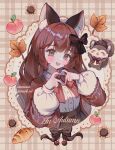  1girl :d absurdres animal animal_ear_fluff animal_ears autumn autumn_leaves blush border bow bowtie brown_bow brown_bowtie brown_coat brown_eyes brown_hair brown_skirt buttons coat commentary commission croissant dress_shirt emiroll_art english_commentary english_text fangs flower food fox_ears fox_girl fruit hair_bow hair_intakes hands_up heart heart_hands heart_in_eye highres jacket leaf light_particles long_hair long_sleeves looking_at_viewer open_clothes open_jacket open_mouth original peach plaid_background puffy_long_sleeves puffy_sleeves shirt shirt_tucked_in sidelocks skirt smile solo squirrel sunflower symbol_in_eye twitter_username upper_body vgen_commission wavy_hair white_shirt 