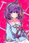  1girl :&lt; bangs black_hairband blouse blue_blouse blush buttons closed_mouth collared_blouse eyeball frilled_shirt_collar frilled_sleeves frills hairband heart_button highres komeiji_satori long_sleeves magenta_background noose pink_skirt purple_eyes purple_hair red_eyes ribbon_trim rpameri short_hair skirt sleeves_past_fingers sleeves_past_wrists solo third_eye touhou wavy_hair wide_sleeves 