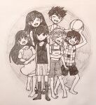  2girls 4boys :d :| ;d ^_^ antenna_hair arm_at_side armpits arms_at_sides arms_up aubrey_(headspace)_(omori) aubrey_(omori) ball bare_arms bare_legs bare_shoulders barefoot basil_(headspace)_(omori) basil_(omori) beachball book bra_strap bright_pupils brother_and_sister brothers carrying_overhead checkered_clothes checkered_shirt child closed_eyes closed_mouth collared_shirt commentary_request double-parted_bangs empty_eyes expressionless flipped_hair flower flower_wreath full_body grid_teeth grin hair_behind_ear hair_between_eyes hatching_(texture) head_wreath hero_(headspace)_(omori) hero_(omori) highres holding holding_ball holding_beachball holding_book holding_knife holding_stuffed_toy kel_(headspace)_(omori) kel_(omori) kneehighs knife light_blush long_hair looking_at_viewer mari_(headspace)_(omori) mari_(omori) mr._plantegg_(omori) multiple_boys multiple_girls no_pupils no_shoes omocat_(style) omori omori_(omori) one_eye_closed open_mouth overall_shorts overalls pinstripe_pattern pinstripe_shirt pinstripe_shorts pofudonn_art rose sepia shirt short_hair short_sleeves shorts siblings sidelocks sleeveless sleeveless_shirt smile socks standing standing_on_one_leg straight_hair stuffed_eggplant stuffed_toy t-shirt tank_top tareme teeth toes tongue upper_teeth_only v-shaped_eyebrows very_long_hair very_short_hair 