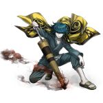  1boy aqua_eyes aqua_hair full_body glasses grin haori holding holding_umbrella jacket jacket_on_shoulders japanese_clothes jewelry jinbei_(clothes) looking_to_the_side male_focus necklace official_art oil-paper_umbrella on_one_knee sandals short_hair slides smile solo transparent_background tribe_nine ueno_yajirobe umbrella yellow_haori 