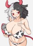  1girl animal_ears animal_print baby bikini black_bikini black_hair blush breasts cleavage collarbone commentary_request cow_ears cow_horns cow_print cow_tail from_above hand_on_own_chest highres holding holding_baby horns huge_breasts igu_(103milk) looking_at_viewer multicolored_bikini multicolored_clothes multicolored_hair navel oni_horns open_mouth parted_lips red_eyes red_horns solo swimsuit tail touhou ushizaki_urumi white_bikini white_hair 
