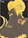 2025 2_horns abstract_background absurd_res anthro anthrofied areola artist_name big_areola big_breasts big_tail breasts brown_body brown_scales capcom crouching curled_horn curvy_figure digital_drawing_(artwork) digital_media_(artwork) dragon elder_dragon eyelashes female genitals greey head_spikes hi_res horn huge_areola huge_breasts huge_hips huge_thighs kulve_taroth long_tail looking_at_viewer monster_hunter mythological_creature mythological_scalie mythology nipples nude nude_anthro nude_female plump_labia scales scalie smile snout solo spiked_tail spikes spikes_(anatomy) tail text thick_thighs voluptuous voluptuous_anthro voluptuous_female vulva watermark wide_hipped_anthro wide_hipped_female wide_hips yellow_eyes
