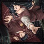 2boys age_comparison artist_logo axe belt black_belt black_hair black_pants chi.:_chikyuu_no_undou_ni_tsuite geocentrism highres holding holding_axe holding_jewelry holding_necklace iorbtyn jacket jewelry logo looking_at_viewer male_focus multiple_boys necklace oczy pants ponytail red_jacket shirt short_hair sleeves_rolled_up white_shirt 