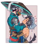  2boys absurdres arms_around_waist black_hair blue_shirt blush_stickers closed_eyes closed_mouth commentary cowboy_shot dog_tail english_commentary from_side grey_hair hat heart highres long_sleeves male_focus mask mizuki_(overwatch) mouth_mask multicolored_hair multiple_boys nekitoron overwatch shirt smile tail tail_wagging tank_top towel towel_on_head two-tone_hair wet wuyang_(overwatch) yaoi 