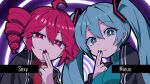  2girls aqua_eyes aqua_hair aqua_jacket black_outline black_sleeves breasts bright_pupils drill_hair finger_to_mouth hair_between_eyes highres hitorikanawo jacket kasane_teto kasane_teto_(utau) large_breasts long_hair looking_at_viewer medium_hair multiple_girls official_art outline purple_background red_eyes red_hair red_jacket sexy_minus_(vocaloid) sidelocks smug song_name thick_outlines twin_drills twintails upper_body utau vocaloid white_pupils white_trim youtube_video_thumbnail 