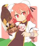  1girl animal_on_arm bird bird_on_arm blush bun_cover chain cuffs double_bun eagle eyebrows_visible_through_hair flower green_skirt hair_between_eyes ibaraki_kasen ini_(inunabe00) parted_lips pink_eyes pink_flower pink_hair pink_rose puffy_short_sleeves puffy_sleeves rose shackles shirt short_hair short_sleeves skirt solo tabard touhou upper_body white_shirt 