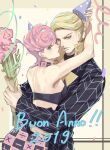  1boy 1girl 2019 blonde_hair blue_eyes blush bouquet formal hat hetero holding holding_clothes holding_hat hug jewelry jojo_no_kimyou_na_bouken midriff party_hat pink_hair prosciutto short_hair suit trish_una vento_aureo yepnean 