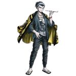  1boy beard_stubble black_pants blue_eyes blue_hair earrings facial_hair full_body haori jacket jacket_on_shoulders japanese_clothes jewelry looking_at_viewer male_focus necklace official_art pants sakura_hanafuda_(tribe_nine) sandals shirt solo stubble transparent_background tribe_nine white_shirt yellow_haori 