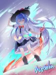  1girl absurdres adjusting_clothes adjusting_headwear arm_up artist_name black_boots black_hat blue_hair blue_skirt boots bow bowtie center_frills closed_mouth commentary_request dutch_angle frilled_skirt frills full_body hair_between_eyes hat highres hinanawi_tenshi holding holding_sword holding_weapon hyosei_cryselia legs_apart long_hair looking_at_viewer peach_hat_ornament puffy_short_sleeves puffy_sleeves red_bow red_bowtie red_eyes shirt short_sleeves skirt smile solo sword sword_of_hisou touhou weapon white_shirt 
