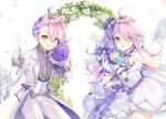  2girls :d ahoge alcohol blue_flower bouquet bride champagne champagne_flute chinese_commentary coat commentary_request crossdressing crossdressing_(ftm) cup dress drinking_glass dual_persona flower formal_clothes gloves grin highres holding holding_bouquet honkai_(series) honkai_gakuen looking_at_viewer multicolored_hair multiple_girls open_mouth pants petals pink_hair purple_eyes purple_hair rose sharp_teeth sin_mal sin_mal0909 smile teeth two-tone_hair wedding_dress white_background white_coat white_dress white_flower white_gloves white_pants white_rose yellow_eyes 