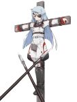  1girl absurdres bdsm black_boots black_shoes bondage boots bound breasts commentary_request commission crucifixion eyepatch highres infinite_stratos infinite_stratos_academy_school_uniform laura_bodewig long_hair medium_breasts polearm red_eyes restrained school_uniform second-party_source shirt shoes skeb_commission spear tearing_up uchiko_onigiri weapon white_hair white_shirt 