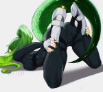  1girl arknights arknights:_endfield artist_name black_bodysuit bodysuit boots breasts cameltoe commentary fluorite_(arknights) green_nails green_tail highres long_hair medium_breasts ponytail reverse_yogic_sleep_pose simple_background snake_girl snake_tail solo tail top-down_bottom-up vitter white_boots yoga 
