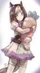  1girl absurdres animal_ears bow braid brown_hair closed_mouth ear_bow ear_ribbon half_up_braid highres holding horse_ears horse_girl horse_tail jacket looking_at_viewer multicolored_hair ootato purple_bow purple_eyes purple_ribbon purple_vest ribbon shirt short_hair short_sleeves simple_background skirt special_week_(special_dreamer)_(umamusume) special_week_(umamusume) stuffed_carrot tail thighhighs two-tone_hair umamusume vest white_hair white_jacket white_skirt white_thighhighs wristband 