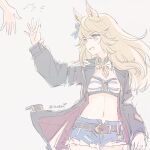  1girl animal_ears bikini bikini_top_only black_choker black_jacket blonde_hair blue_bikini blue_eyes blue_ribbon breasts choker commentary_request denim denim_shorts gold_city_(authentic/1928)_(umamusume) gold_city_(umamusume) gold_necklace hair_ribbon horse_ears horse_girl inutose jacket jewelry long_hair looking_to_the_side navel necklace open_clothes open_jacket open_mouth ribbon shorts small_breasts solo stomach striped_bikini striped_clothes swimsuit umamusume 