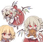  3girls ascot blonde_hair chain commentary crystal_wings drill_hair fang flandre_scarlet hair_between_eyes hat highres hugging_doll hugging_object korean_commentary looking_at_viewer magg_(user_mtca8588) missing_headwear mob_cap multiple_girls open_mouth partially_shaded_face red_eyes red_ribbon red_skirt ribbon side_ponytail simple_background skirt smile stuffed_animal stuffed_toy teddy_bear touhou white_background white_hat wings yellow_ascot 