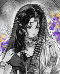  1girl bindi bracelet chinese_commentary choker commentary_request facial_mark flower forehead_mark greyscale gulilili hair_ornament hands_up highres jewelry kaalaa_baunaa long_hair looking_at_viewer monochrome multiple_bracelets parted_lips purple_flower reverse:1999 shirt short_sleeves solo spot_color upper_body veil yellow_flower 