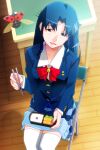  1girl bangs bento blazer blue_eyes blue_hair blue_skirt bug chopsticks eyebrows_visible_through_hair feet_out_of_frame from_above fujiwara_aya holding holding_chopsticks jacket ladybug long_hair long_sleeves looking_at_viewer official_art on_chair open_mouth photoshop_(medium) pleated_skirt school_uniform sitting skirt solo super_real_mahjong tanaka_ryou thighhighs white_legwear wooden_floor 