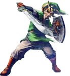  1boy absurdres arm_up armor belt blonde_hair blue_eyes blue_gem boots brown_boots brown_gloves chainmail clenched_teeth collared_shirt fingerless_gloves full_body gem gloves goddess_sword green_hat green_tunic grey_pants hand_up hat highres holding holding_shield holding_sword holding_weapon knee_boots layered_sleeves legs_apart link long_sleeves looking_at_viewer male_focus motion_lines official_art pants serious shield shirt short_hair short_over_long_sleeves short_sleeves simple_background solo standing sword takumi_wada teeth the_legend_of_zelda the_legend_of_zelda:_skyward_sword third-party_source transparent_background tunic undershirt v-shaped_eyebrows vambraces weapon 