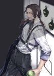  1boy alternate_costume apple black_hair dress_shirt food formal fruit hex_tails holding holding_food holding_fruit holster illuso jacket jacket_removed jojo_no_kimyou_na_bouken male_focus olive_oil painting_(object) shirt shoulder_holster solo yepnean 