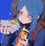  1girl backpack bag bari_(project_moon) blue_background blue_eyes blue_hair blue_pupils blush can chewing commentary_request drink_can eating eyelashes food highres holding holding_can korean_commentary limbus_company long_hair misg1111 outline project_moon sandwich simple_background soda_can solo upper_body white_outline 
