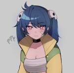  1girl ? ?? bandaid bandaid_on_cheek bandaid_on_face black_choker black_hair borrowed_character breasts bright_pupils chest_sarashi choker cleavage closed_mouth commentary crossed_bandaids ear_piercing english_commentary grey_background hair_ornament highres jacket ji-yoon_(jourd4n) long_hair medium_breasts open_clothes open_jacket original piercing pink_eyes rukiadaichi sarashi simple_background skull_hair_ornament solo twintails white_pupils 