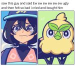  1girl absurdres baseball_cap black_eyes black_hair bobamiruku browt commentary crying crying_with_eyes_open english_text female_protagonist_(pokemon_ww) fingerless_gloves gloves hashtag-only_commentary hat highres holding holding_pokemon meme pokemon pokemon_(creature) pokemon_ww selfie short_hair sky tears wavy_mouth 