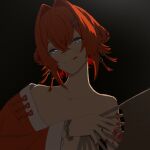  1girl :q ange_katrina ange_katrina_(china_dress) arm_tattoo backlighting bare_shoulders black_background blue_eyes chain chain_bracelet closed_mouth collarbone commentary_request covering_breasts covering_privates crossed_bangs double_bun flat_chest hair_bun hair_intakes hair_ornament hand_fan hand_up head_tilt highres holding holding_fan jacket jacket_partially_removed long_sleeves looking_at_viewer nail_polish nijisanji otona_(42942713) red_hair red_jacket red_nails simple_background solo tassel tassel_hair_ornament tattoo tongue tongue_out upper_body virtual_youtuber x_hair_ornament 