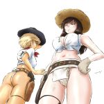  absurdres adjusting_clothes adjusting_headwear artist_name ass bangs belle_(girls_und_panzer) belt black_belt black_hair black_headwear blonde_hair breasts brown_belt brown_headwear closed_mouth commentary_request cowboy_hat from_behind front-tie_top frown fundoshi girls_und_panzer glaring gloves green_eyes grey_gloves gun hand_on_hip hat highres hiyama_yuu_(wee259hiyama) holster holstered_weapon jane_(girls_und_panzer) japanese_clothes long_hair looking_at_viewer looking_back looking_down medium_breasts navel partial_commentary purple_eyes revolver shirt short_hair signature simple_background sleeveless sleeveless_shirt sleeves_rolled_up smile standing weapon white_background white_shirt 