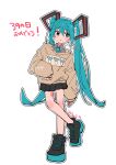  1girl 3774. :o barcode barcode_tattoo black_outline black_shoes black_skirt blue_eyes blue_hair blue_necktie blue_shoes blush brown_hoodie clothes_writing crossed_legs dated double-parted_bangs grey_shirt hair_between_eyes hatsune_miku highres hood hoodie leg_tattoo long_hair long_sleeves multicolored_shoes necktie open_mouth outline pleated_skirt puffy_long_sleeves puffy_sleeves shirt shoes skirt sleeves_past_fingers sleeves_past_wrists sneakers solo standing tattoo translation_request twintails twitter_username two-tone_shoes very_long_hair vocaloid watermark white_outline 